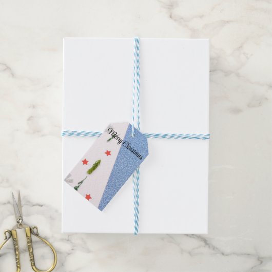 White en Shine Blue met pine Tree, Star and Flake Cadeaulabel (Met Touw)