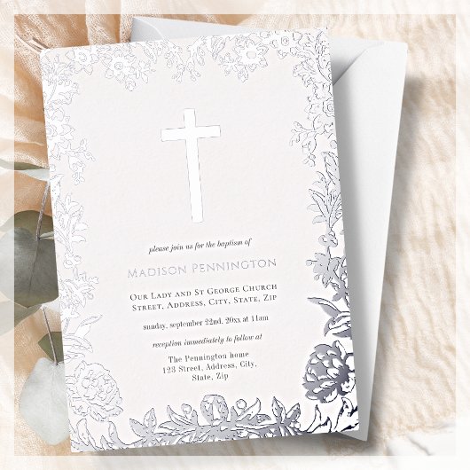 White en Silver Cross Baptism Folie Invitation Folie Uitnodiging