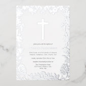 White en Silver Cross Baptism Folie Invitation Folie Uitnodiging (Voorkant)