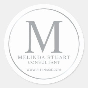 White en Silver Elegant Monogram Business Ronde Sticker