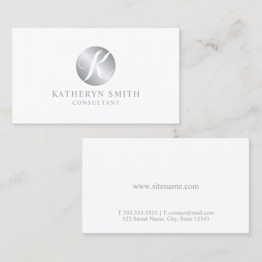 White en Silver Elegant Monogram Visitekaartje (Voorkant / Achterkant)