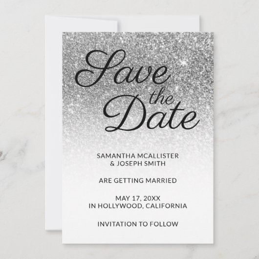 White en Silver Ombre Glitter Save the Date Kaart (Voorkant)