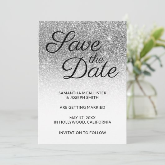 White en Silver Ombre Glitter Save the Date Kaart (Staand voorkant)