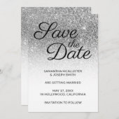 White en Silver Ombre Glitter Save the Date Kaart (Voorkant / Achterkant)