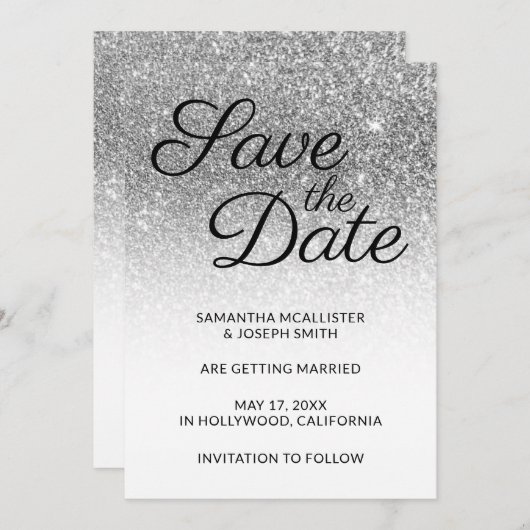 White en Silver Ombre Glitter Save the Date Kaart (Voorkant / Achterkant)