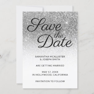 White en Silver Ombre Glitter Save the Date Kaart