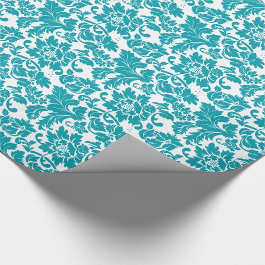 White en Turquoise Floral Damascus Pattern Cadeaupapier (Hoek)
