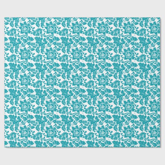 White en Turquoise Floral Damascus Pattern Cadeaupapier (Vlak)