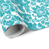 White en Turquoise Floral Damascus Pattern Cadeaupapier (Rol Hoek)