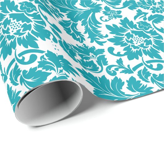 White en Turquoise Floral Damascus Pattern Cadeaupapier (Rol Hoek)