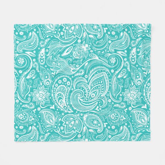 White en Turquoise Floral Paisley Pattern Fleece Deken (Voorkant (Horizontaal))
