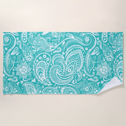 White en Turquoise Floral Paisley Pattern Strandlaken (Voorkant)