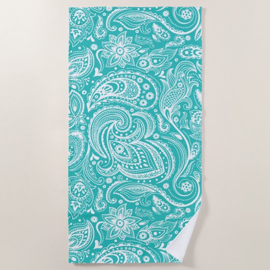 White en Turquoise Floral Paisley Pattern Strandlaken (Voorkant)