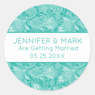 White en Turquoise Paisley Pattern Ronde Sticker
