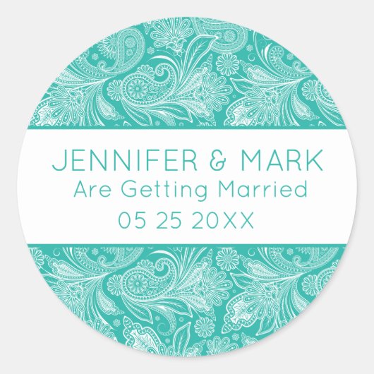 White en Turquoise Paisley Pattern Ronde Sticker (Voorkant)