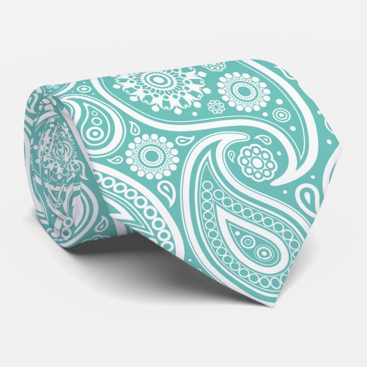 White en Turquoise Paisley Pattern Stropdas (Opgerold)