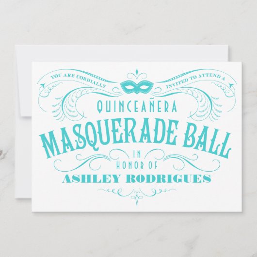 White en Turquoise Quinceanera Masquerade Invite Kaart (Voorkant)