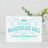 White en Turquoise Quinceanera Masquerade Invite Kaart (Staand voorkant)