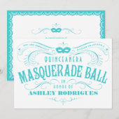 White en Turquoise Quinceanera Masquerade Invite Kaart (Voorkant / Achterkant)