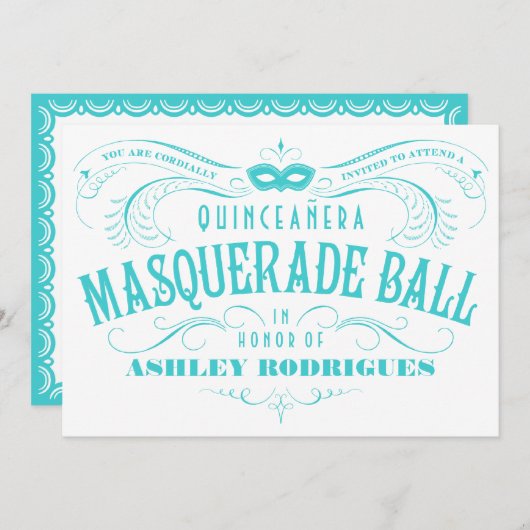 White en Turquoise Quinceanera Masquerade Invite Kaart (Voorkant / Achterkant)