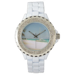 White Enamel Watch with Beach Design Horloge
