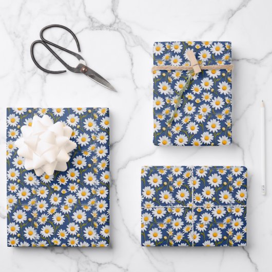White English Daisies on Dark Blue Inpakpapier Vel (Voorkant)