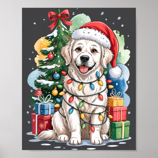 White English Golden Retriever Santa Hat Christmas Poster (Voorkant)