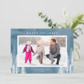 White Evergreen Trees Blue Prettige feestdagen Fot Feestdagenkaart (Staand voorkant)