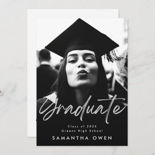 White Fade Brush Afstuderen Moderne Script Photo Aankondiging (Voorkant / Achterkant)
