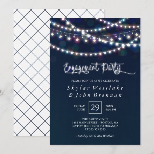 White Fairy Lights Blauw Verlovingsfeest Kaart (Voorkant / Achterkant)