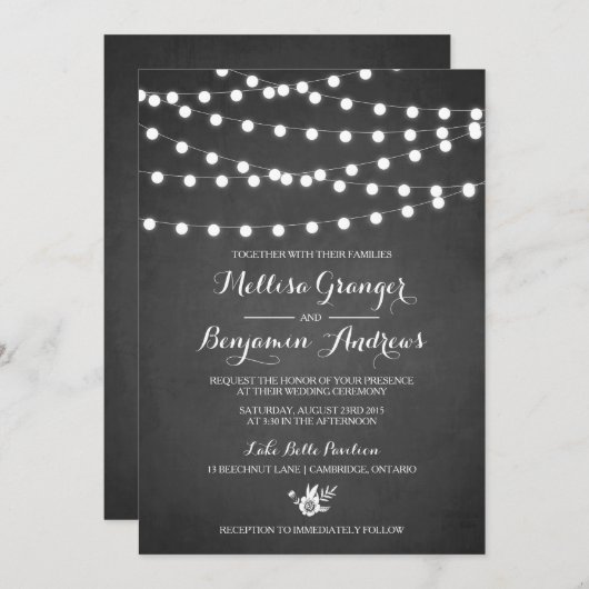 White Fairy Lights Chalkboard Wedding Invitation Kaart (Voorkant / Achterkant)