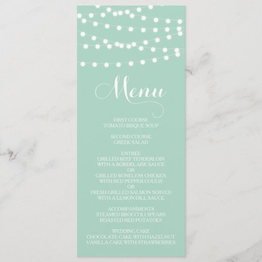 White Fairy Lights | Mint Wedding Menu Kaart (Voorkant)