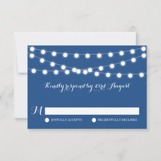 White Fairy Lights | RSVP-Kaart met blauwe bruilof RSVP Kaartje (Voorkant)