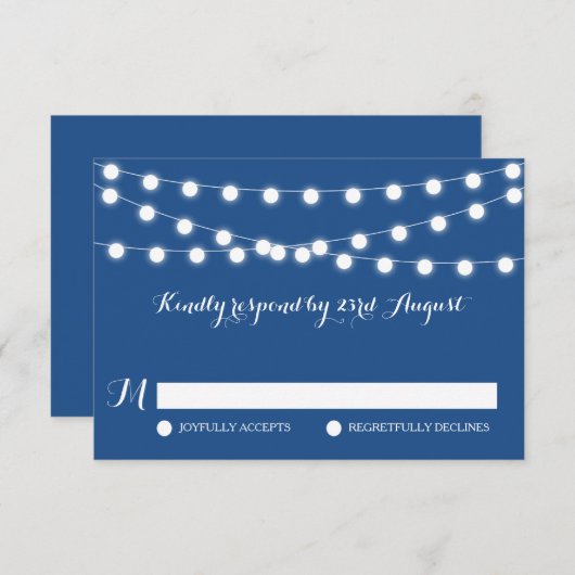 White Fairy Lights | RSVP-Kaart met blauwe bruilof RSVP Kaartje (Voorkant / Achterkant)