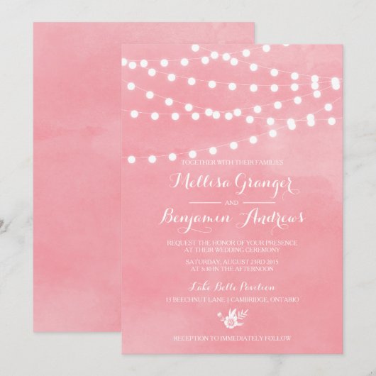 White Fairy Lights Rustic Pink Wedding Invitation Kaart (Voorkant / Achterkant)