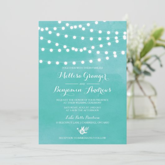 White Fairy Lights Rustic Wedding Invitation Kaart (Staand voorkant)