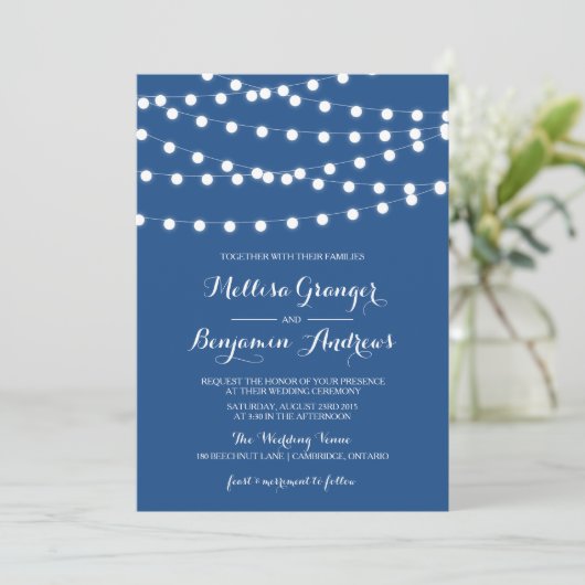 White Fairy Lights | Uitnodiging tot blauwe bruilo (Staand voorkant)