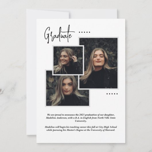 White Fancy Script Photo Collage Afstuderen Aankondiging (Achterkant)