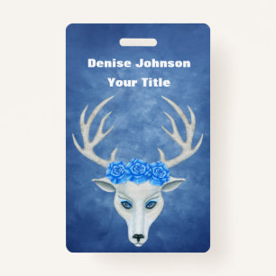 White Fantasy Deer Head Antlers  Rozen Blauw Badge