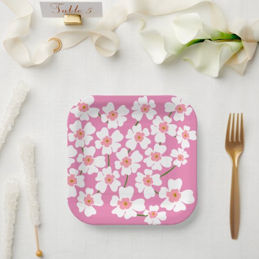 White Fantasy Flower Lover Pattern Pink Wedding Papieren Bordje (Huwelijk)