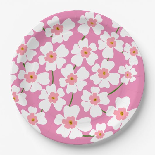 White Fantasy Flower Lover Pattern Roze Papieren Bordje (Voorkant)