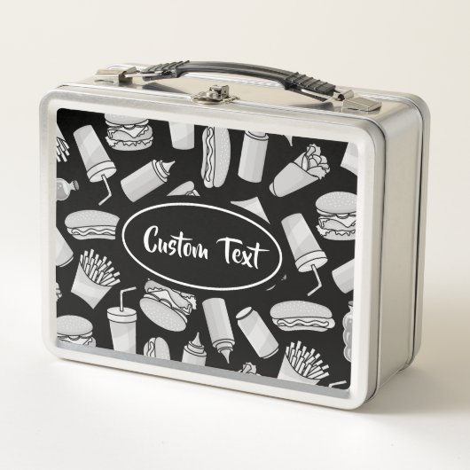 White Fast Food Pictos Pattern Metal Lunch Box (Voorkant)