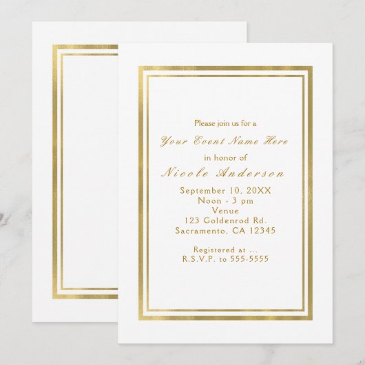 White & Faux Folie Gold Chic Elegant Uitnodigingen (Voorkant / Achterkant)