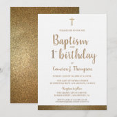 White Faux Gold Cross Baptism en 1st jarig Kaart (Voorkant / Achterkant)