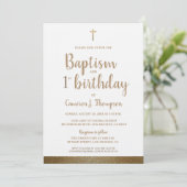 White Faux Gold Cross Baptism en 1st jarig Kaart (Staand voorkant)