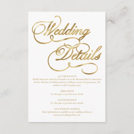 White & Faux Gold Foil Calligraphy Formal Wedding Informatiekaartje (Voorkant)