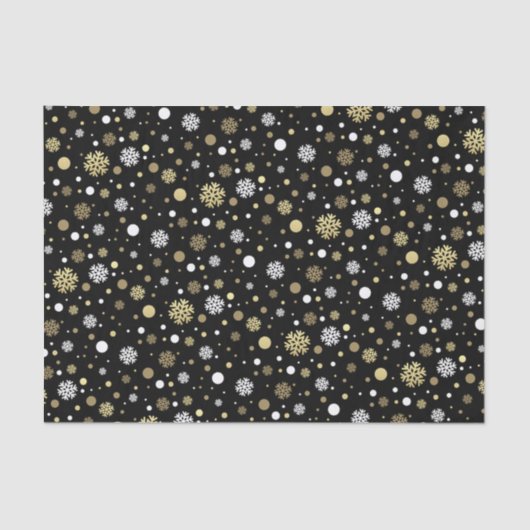 White Faux Gold Snowflakes Polkadots Art over zwar Tissuepapier (Voorkant)