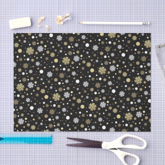 White Faux Gold Snowflakes Polkadots Art over zwar Tissuepapier (Craft)