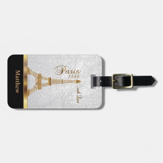 White Faux Leather met Gold Paris Accent Bagagelabel (Voorkant horizontaal)
