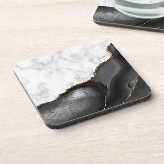 White Faux Marble Black Agate Gold Glitter Bier Onderzetter (Linkerzijde)